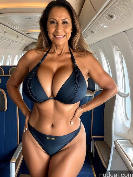 ai nude image of arafed woman in a bikini posing on a plane pics of Milf One 70s Busty Huge Boobs Tanned Skin Front View Microkini Thong Brazilian Flight Attendant