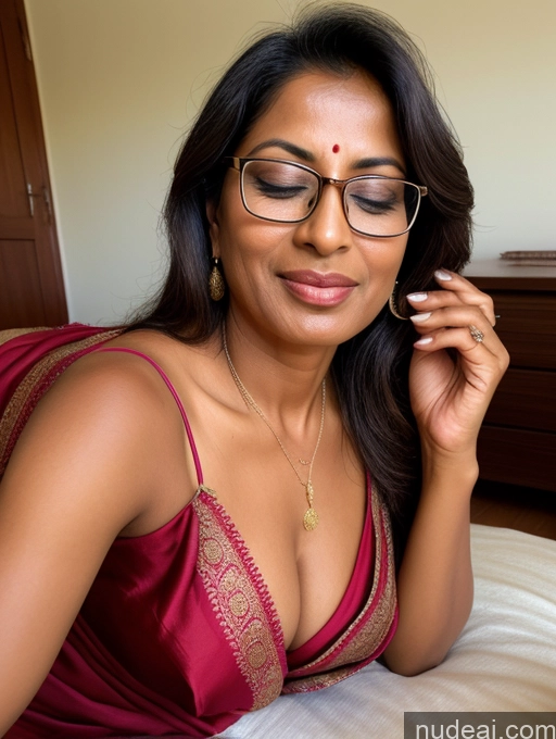 ai nude image of there is a woman in a red dress and glasses laying on a bed pics of Woman One Beautiful Glasses Tanned Skin 50s Orgasm Sexy Face Indian Sleeping Sari