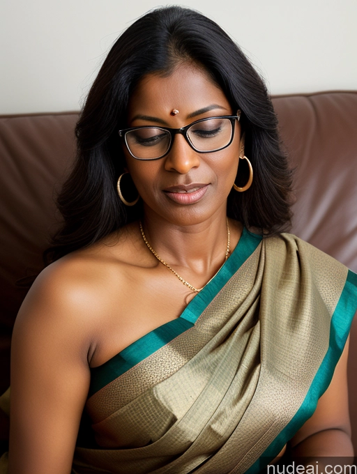 ai nude image of there is a woman sitting on a couch using a cell phone pics of Woman One Beautiful Glasses Indian On Back Sari 50s Dark Skin Serious Orgasm Sexy Face