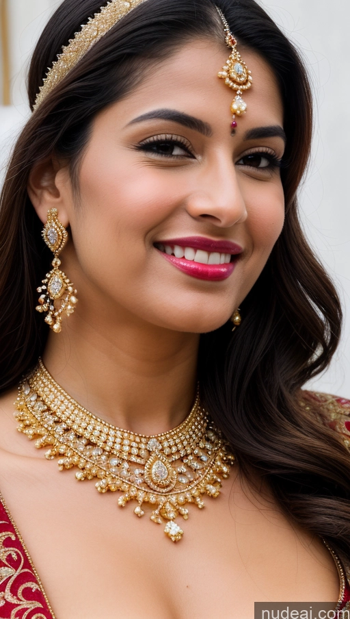 ai nude image of a close up of a woman wearing a necklace and earrings pics of Woman Huge Boobs Beautiful Lipstick Fairer Skin 50s Happy Seductive Sexy Face Black Hair Straight Indian Skin Detail (beta) Gold Jewelry Jewelry Bright Lighting Snow Close-up View Sari Wedding