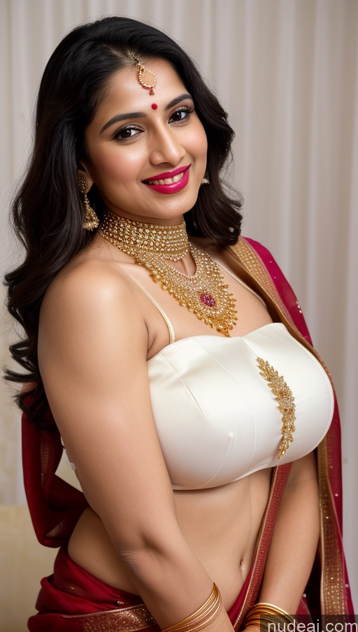 ai nude image of araffe woman in a white top and red sari posing for a picture pics of Woman Huge Boobs Beautiful Lipstick Fairer Skin 50s Happy Seductive Sexy Face Black Hair Straight Indian Skin Detail (beta) Gold Jewelry Jewelry Bright Lighting Snow Sari Wedding