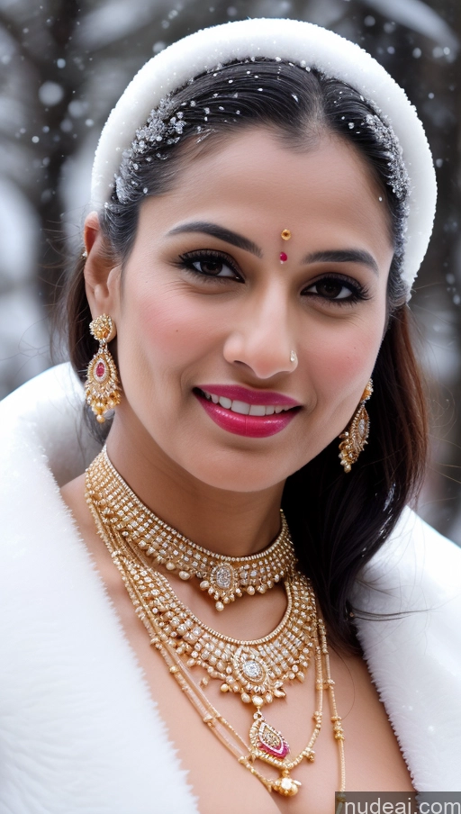 ai nude image of araffe woman in a white fur coat and gold jewelry pics of Woman Huge Boobs Beautiful Lipstick Fairer Skin 50s Happy Seductive Sexy Face Black Hair Straight Indian Skin Detail (beta) Gold Jewelry Jewelry Bright Lighting Snow Sari Wedding