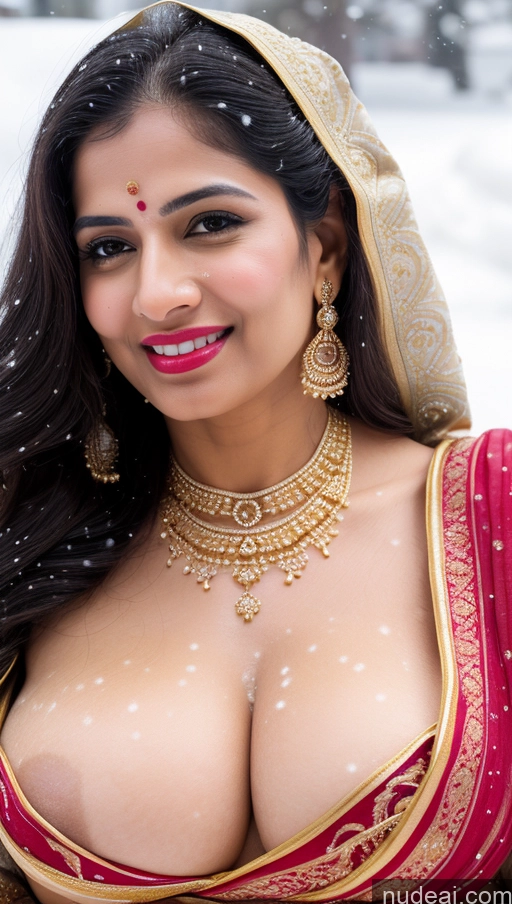 ai nude image of araffe woman in a red sari posing in the snow pics of Woman Huge Boobs Beautiful Lipstick Fairer Skin 50s Happy Seductive Sexy Face Black Hair Straight Indian Skin Detail (beta) Gold Jewelry Jewelry Bright Lighting Snow Sari Wedding