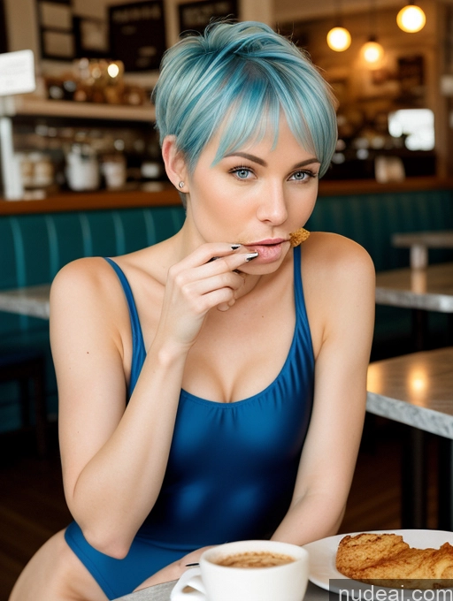 ai nude image of woman with blue hair eating a pastry and a cup of coffee pics of Woman One 20s Pixie Eating Cafe Perfect Body Fairer Skin Blue Hair White One Piece Swimsuit