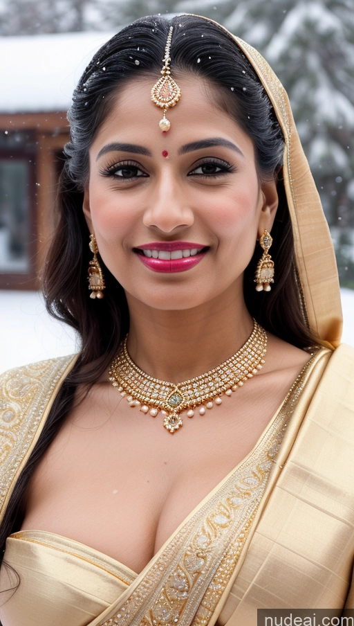 ai nude image of araffe woman in a traditional indian outfit smiling for the camera pics of Woman Huge Boobs Beautiful Lipstick Fairer Skin 50s Happy Seductive Sexy Face Black Hair Straight Indian Skin Detail (beta) Gold Jewelry Jewelry Bright Lighting Snow Sari Wedding