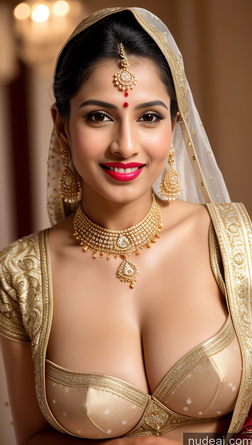 ai nude image of araffed woman in a bridal dress with a red lip and a gold necklace pics of Woman Huge Boobs Beautiful Lipstick Fairer Skin 50s Happy Seductive Sexy Face Black Hair Straight Indian Skin Detail (beta) Gold Jewelry Jewelry Bright Lighting Snow Sari Wedding