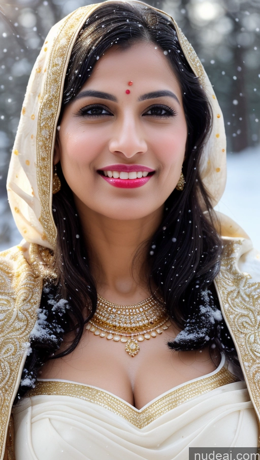 ai nude image of arafed woman in a white dress and a gold shawl smiles at the camera pics of Woman Huge Boobs Beautiful Lipstick Fairer Skin 50s Happy Seductive Sexy Face Black Hair Straight Indian Skin Detail (beta) Gold Jewelry Jewelry Bright Lighting Snow Sari Wedding