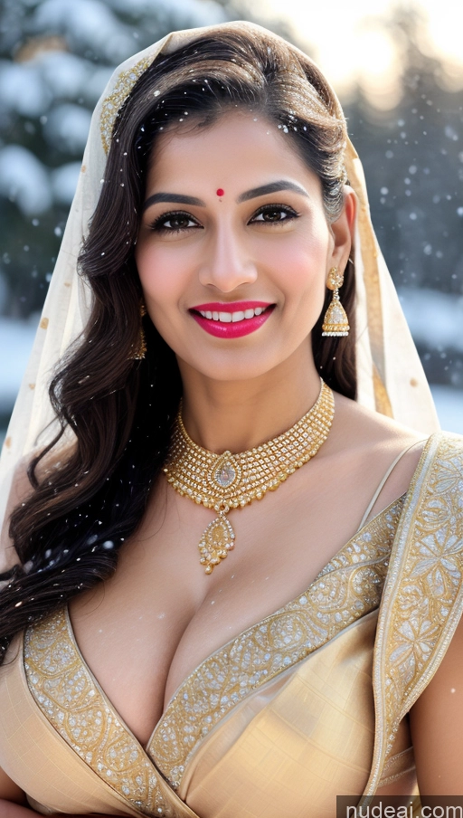 ai nude image of a close up of a woman in a gold dress and a veil pics of Woman Huge Boobs Beautiful Lipstick Fairer Skin 50s Happy Seductive Sexy Face Black Hair Straight Indian Skin Detail (beta) Gold Jewelry Jewelry Bright Lighting Snow Sari Wedding