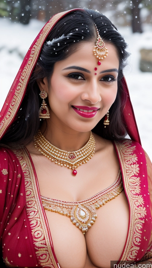 ai nude image of araffe woman in a red sari with a red veil and gold jewelry pics of Woman Huge Boobs Beautiful Lipstick Fairer Skin 50s Happy Seductive Sexy Face Black Hair Straight Indian Skin Detail (beta) Gold Jewelry Jewelry Bright Lighting Snow Sari Wedding