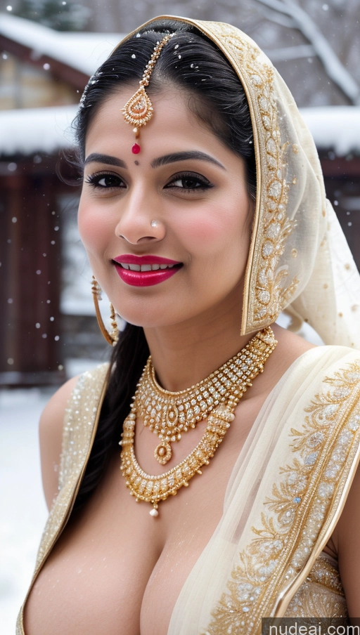 ai nude image of araffe woman in a sari and jewelry poses for a picture pics of Woman Huge Boobs Beautiful Lipstick Fairer Skin 50s Happy Seductive Sexy Face Black Hair Straight Indian Skin Detail (beta) Gold Jewelry Jewelry Bright Lighting Snow Sari Wedding