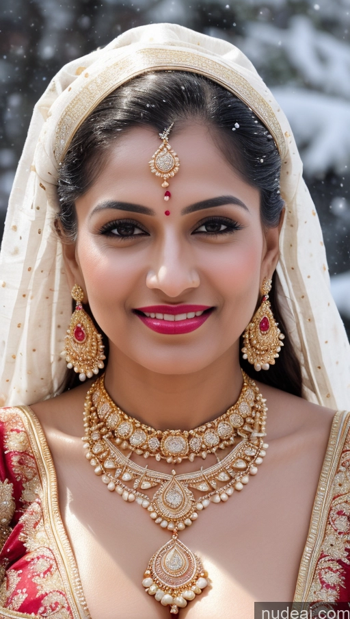 ai nude image of a close up of a woman wearing a red and gold outfit pics of Woman Huge Boobs Beautiful Lipstick Fairer Skin 50s Happy Seductive Sexy Face Black Hair Straight Indian Skin Detail (beta) Gold Jewelry Jewelry Bright Lighting Snow Sari Wedding