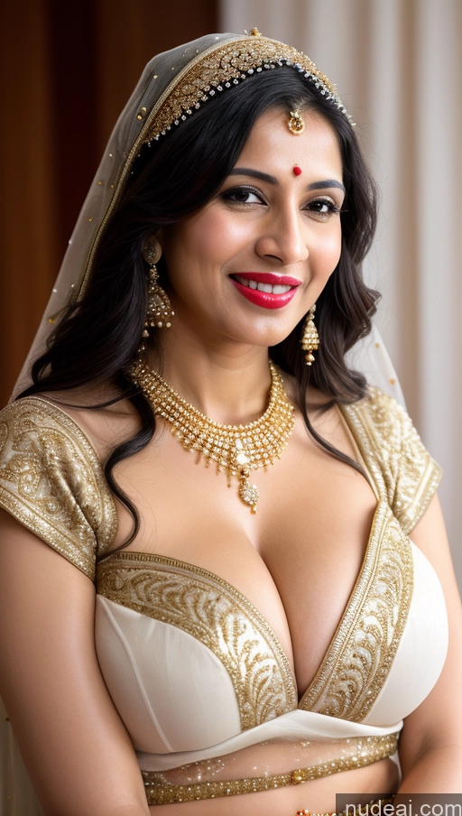 ai nude image of araffe woman in a white and gold outfit posing for a picture pics of Woman Huge Boobs Beautiful Lipstick Fairer Skin 50s Happy Seductive Sexy Face Black Hair Straight Indian Skin Detail (beta) Gold Jewelry Jewelry Bright Lighting Snow Sari Wedding