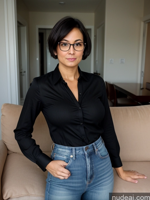 ai nude image of there is a woman standing in a living room with a couch pics of Busty Perfect Boobs Wife Or Girlfriend Glasses Small Ass Short Pubic Hair 40s Serious Black Hair Short Hair British Couch Jeans Blouse