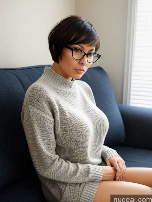 ai nude image of arafed woman sitting on a couch with her legs crossed pics of Busty Perfect Boobs Wife Or Girlfriend Glasses Small Ass Short Pubic Hair 40s Serious Black Hair Short Hair British Couch Jeans Sweater