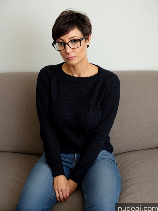 ai nude image of arafed woman sitting on a couch with a pair of glasses on her face pics of Busty Perfect Boobs Wife Or Girlfriend Glasses Small Ass Short Pubic Hair 40s Serious Black Hair Short Hair British Couch Jeans Sweater