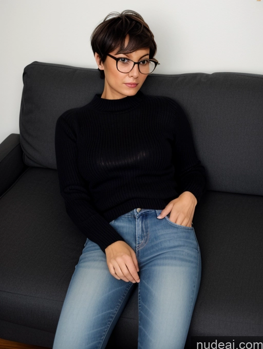 ai nude image of arafed woman sitting on a couch with her legs crossed pics of Busty Perfect Boobs Wife Or Girlfriend Glasses Small Ass Short Pubic Hair 40s Serious Black Hair Short Hair British Couch Jeans Sweater