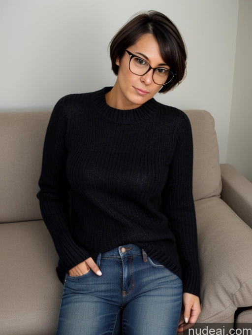 ai nude image of arafed woman sitting on a couch with a remote control in her hand pics of Busty Perfect Boobs Wife Or Girlfriend Glasses Small Ass Short Pubic Hair 40s Serious Black Hair Short Hair British Couch Jeans Sweater Cleavage