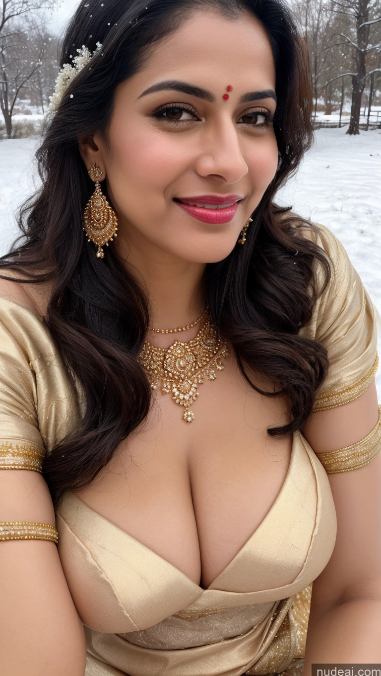 ai nude image of araffe woman in a gold dress posing for a picture pics of Woman Huge Boobs Beautiful Lipstick Fairer Skin 50s Happy Seductive Sexy Face Black Hair Straight Indian Skin Detail (beta) Gold Jewelry Jewelry Bright Lighting Snow Sari Wedding