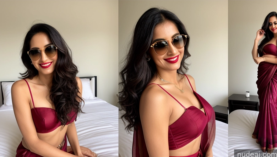 ai nude image of araffed woman in a red dress and sunglasses posing on a bed pics of Model One Sunglasses Lipstick Small Ass Abs Tall Fairer Skin 20s Happy Black Hair Messy Front View Sari Detailed Small Tits