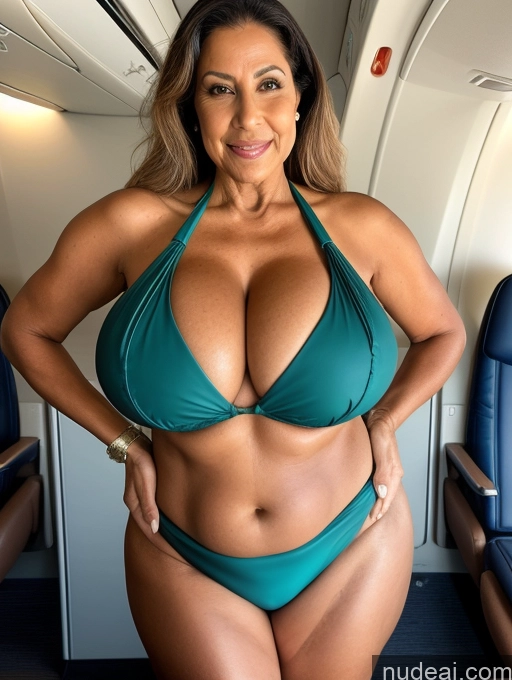 ai nude image of arafed woman in a bikini posing on an airplane pics of Milf One Busty Huge Boobs Tanned Skin 70s Brazilian Front View Flight Attendant Microkini Thong