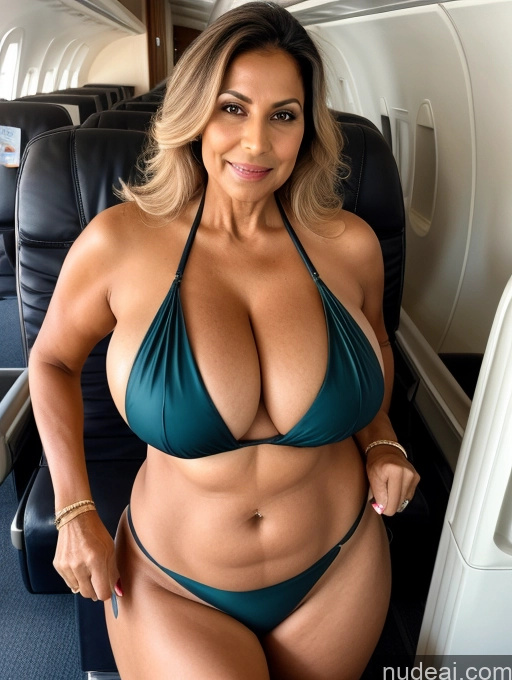 ai nude image of arafed woman in a bikini on an airplane with a seat pics of Milf One Busty Huge Boobs Tanned Skin 70s Front View Flight Attendant Microkini Thong Indian