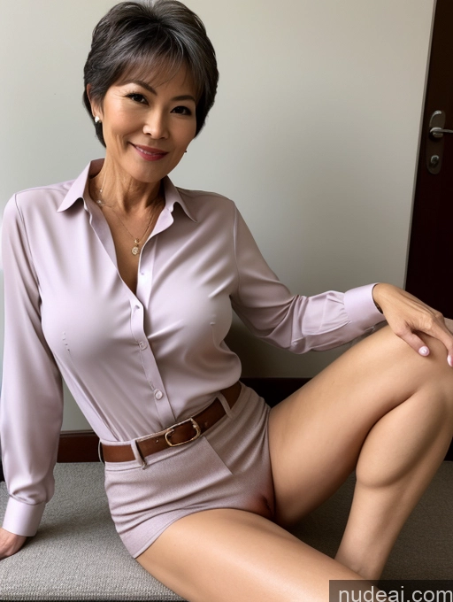 ai nude image of there is a woman sitting on a chair with a shirt on pics of Milf Perfect Boobs Perfect Body Pubic Hair 60s Pixie Chinese Spreading Legs Nude Blouse Casual Professor Shirt Stylish Suit Detailed