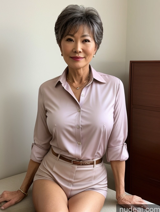 ai nude image of there is a woman sitting on a bed wearing a pink shirt pics of Milf Perfect Boobs Perfect Body Pubic Hair 60s Pixie Chinese Spreading Legs Nude Blouse Casual Shirt Stylish Suit Detailed Teacher