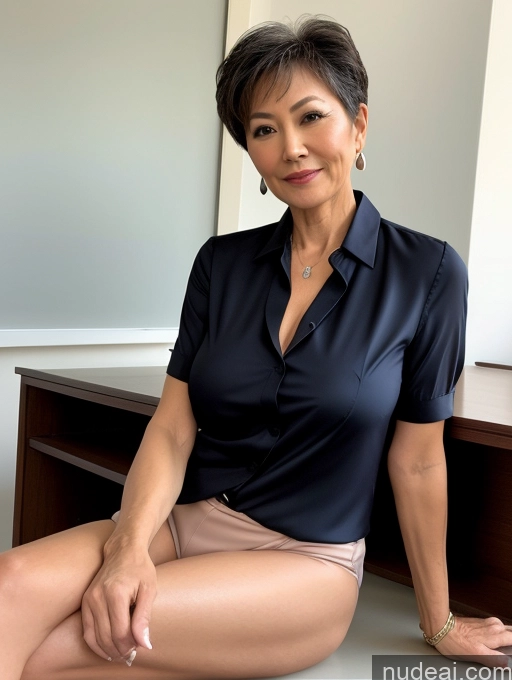 ai nude image of there is a woman sitting on a desk with a black shirt pics of Milf Perfect Boobs Perfect Body Pubic Hair 60s Pixie Chinese Spreading Legs Nude Blouse Casual Shirt Stylish Suit Detailed Teacher Thick