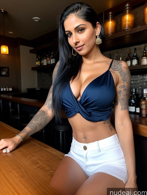 ai nude image of arafed woman sitting at a bar with a tattoo on her arm pics of Athlete Busty Beautiful Tattoos Abs Short Perfect Body Slicked 20s Fairer Skin Blue Hair Indian Bar Blouse Sari Cleavage Dark Lighting Sexy Face