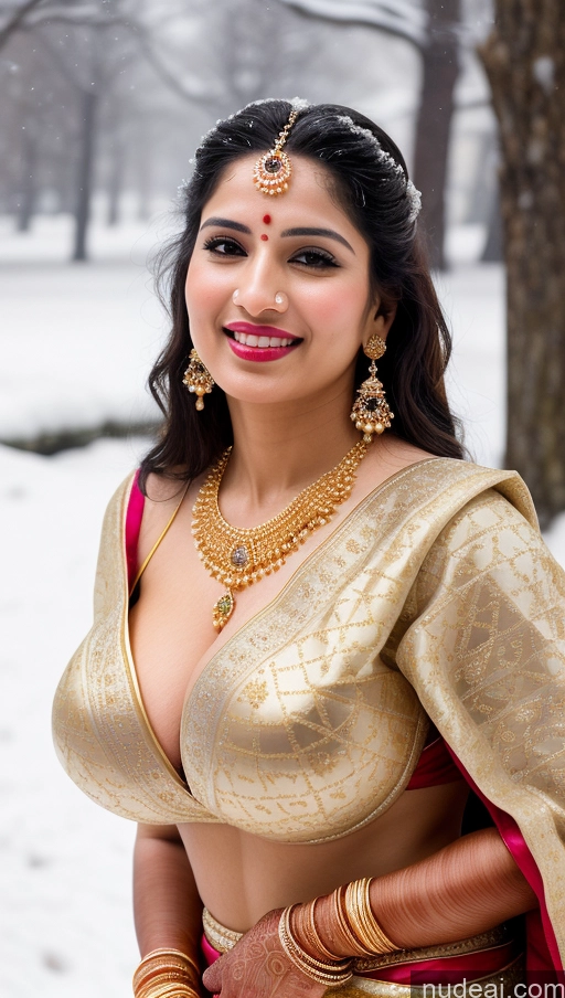 ai nude image of araffe woman in a sari posing for a picture in the snow pics of Woman Huge Boobs Beautiful Lipstick Big Ass Fairer Skin 50s Sexy Face Happy Black Hair Middle Eastern Skin Detail (beta) Snow Sari Wedding Gold Jewelry Jewelry Bright Lighting