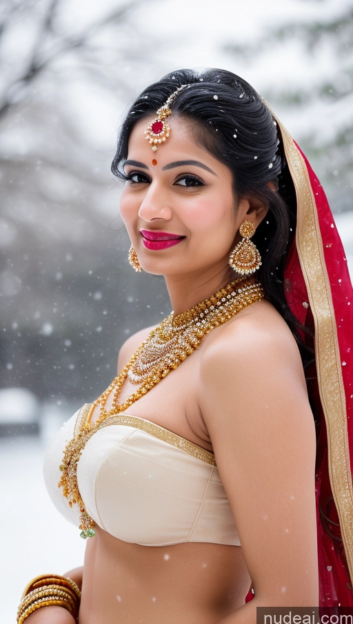 ai nude image of araffe woman in a red and gold outfit posing for a picture pics of Woman Huge Boobs Beautiful Lipstick Big Ass Fairer Skin 50s Sexy Face Happy Black Hair Middle Eastern Skin Detail (beta) Snow Sari Wedding Gold Jewelry Jewelry Bright Lighting