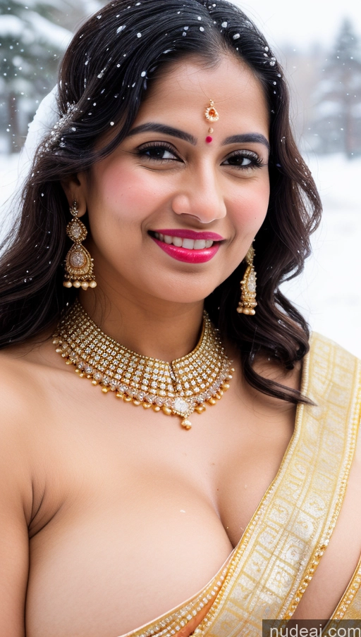 ai nude image of araffe woman in a sari posing for a picture in the snow pics of Woman Huge Boobs Beautiful Lipstick Big Ass Fairer Skin 50s Sexy Face Happy Black Hair Middle Eastern Skin Detail (beta) Snow Sari Wedding Gold Jewelry Jewelry Bright Lighting