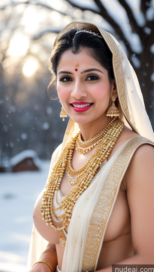 ai nude image of araffe woman in traditional indian dress posing for a picture pics of Woman Huge Boobs Beautiful Lipstick Big Ass Fairer Skin 50s Sexy Face Happy Black Hair Middle Eastern Skin Detail (beta) Snow Sari Wedding Gold Jewelry Jewelry Bright Lighting