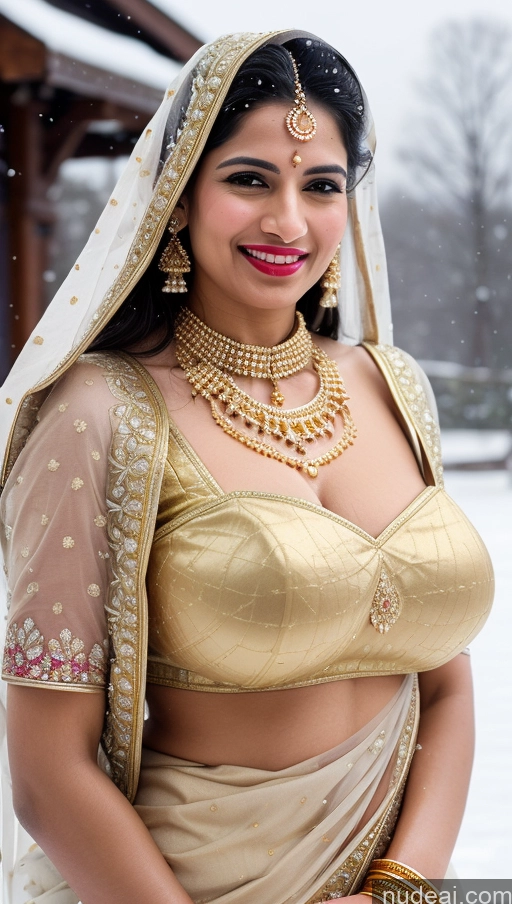 ai nude image of araffe woman in a gold sari and jewelry poses for a picture pics of Woman Huge Boobs Beautiful Lipstick Big Ass Fairer Skin 50s Sexy Face Happy Black Hair Middle Eastern Skin Detail (beta) Snow Sari Wedding Gold Jewelry Jewelry Bright Lighting