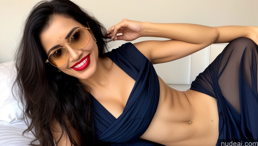 ai nude image of araffe woman in a blue dress and gold sunglasses laying on a bed pics of Model One Sunglasses Lipstick Small Ass Abs Tall Fairer Skin 20s Happy Black Hair Messy Front View Sari Detailed Small Tits