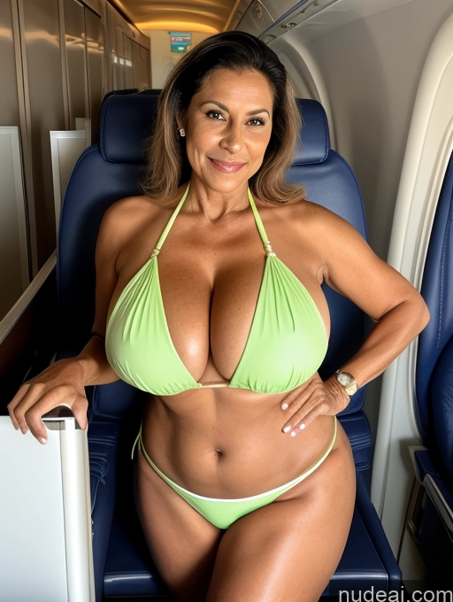 ai nude image of arafed woman in a green bikini sitting on a plane pics of Milf One Busty Huge Boobs Tanned Skin 70s Front View Flight Attendant Microkini Thong Brazilian