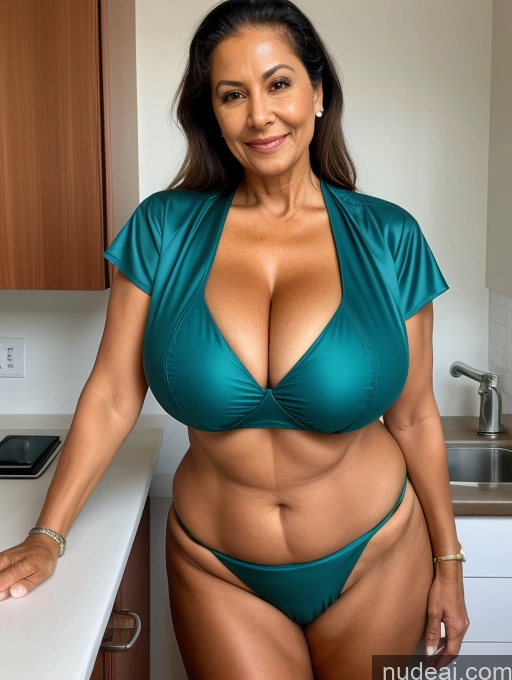 ai nude image of arafed woman in a green bikini posing in a kitchen pics of Milf One Busty Huge Boobs Tanned Skin 70s Brazilian Front View Microkini Thong Lab Coat Professor