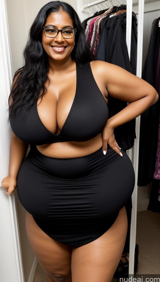 ai nude image of araffe woman in a black dress and glasses posing for a picture pics of Milf Busty Huge Boobs Big Ass Thick Big Hips Tall Dark Skin 50s Indian Front View T-pose Detailed Sexy Face Glasses Happy Beautiful Black Hair Long Hair Chubby Goth Changing Room Bikini