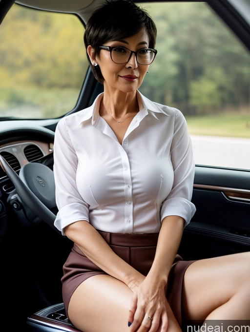 ai nude image of there is a woman sitting in the driver seat of a car pics of Milf Perfect Boobs Perfect Body Small Tits Beautiful Glasses 60s Sexy Face Short Hair Chinese Car Blouse Bra Casual Shirt Stylish Professor Suit High Heels Dark Lighting Detailed