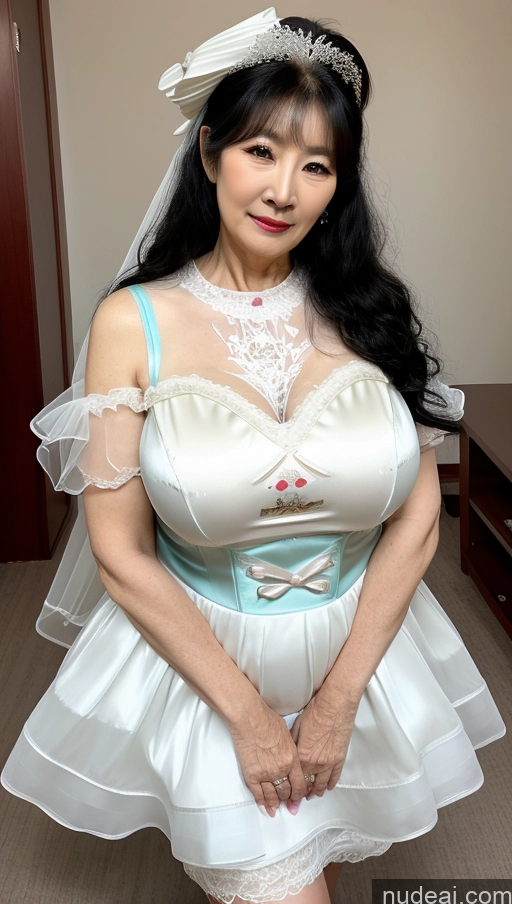 ai nude image of there is a woman in a white dress and a veil posing for a picture pics of Milf Busty Big Ass Big Hips Pubic Hair Fairer Skin Black Hair Wedding Korean Sweet Style Dress V2 70s