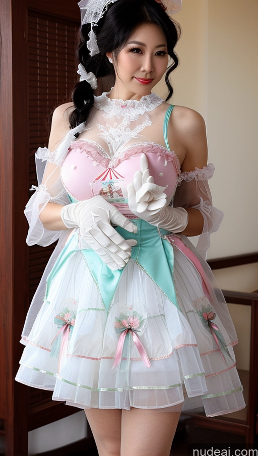 ai nude image of there is a woman in a dress and gloves posing for a picture pics of Milf Busty Big Ass Big Hips Pubic Hair Fairer Skin Black Hair Wedding Sweet Style Dress V2 70s Gloves Transparent Japanese Partially Nude Pigtails