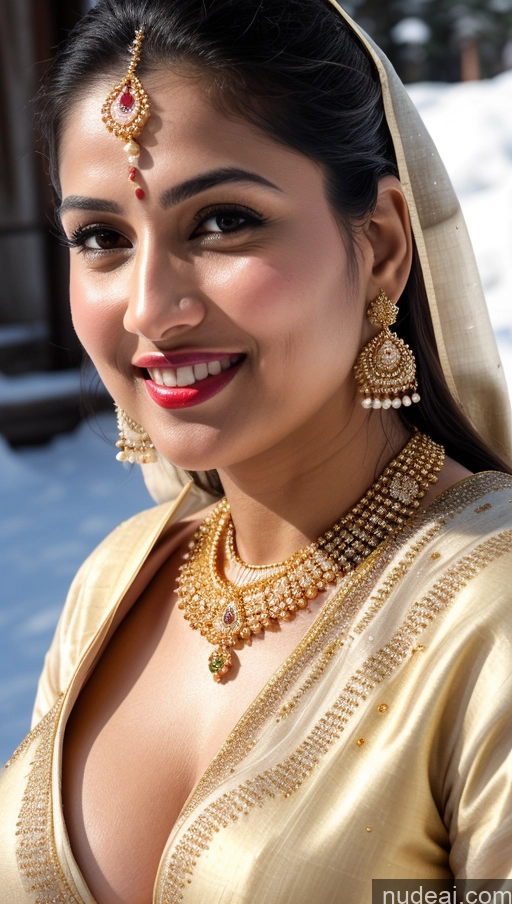 ai nude image of araffe woman in traditional indian dress smiling for the camera pics of Woman Huge Boobs Beautiful Lipstick Big Ass Fairer Skin 50s Happy Sexy Face Black Hair Indian Snow Sari Wedding Gold Jewelry Jewelry Bright Lighting Close-up View Skin Detail (beta)