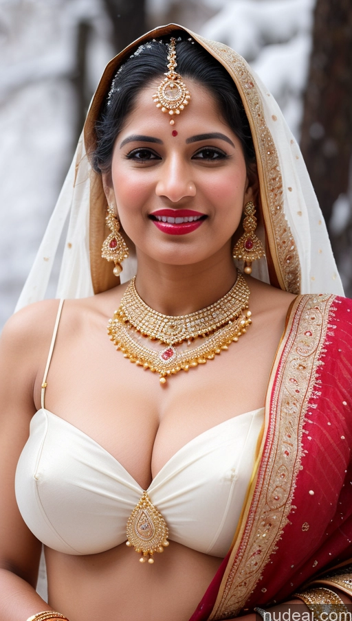 ai nude image of araffe woman in a red and white sari with a gold necklace and earrings pics of Woman Huge Boobs Beautiful Lipstick Big Ass Fairer Skin 50s Happy Sexy Face Black Hair Indian Snow Sari Wedding Gold Jewelry Jewelry Bright Lighting Skin Detail (beta)