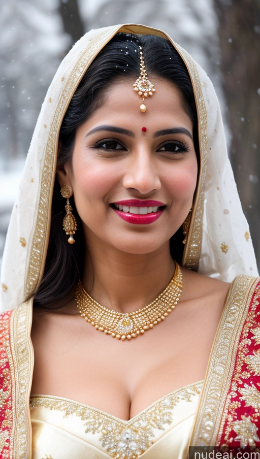 ai nude image of araffe woman in a red and gold outfit with a white veil pics of Woman Huge Boobs Beautiful Lipstick Big Ass Fairer Skin 50s Happy Sexy Face Black Hair Indian Snow Sari Wedding Gold Jewelry Jewelry Bright Lighting Skin Detail (beta)