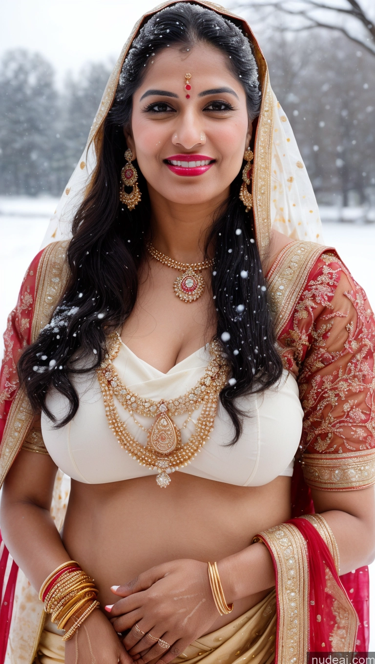 ai nude image of araffe woman in a red and white outfit posing for a picture pics of Woman Huge Boobs Beautiful Lipstick Big Ass Fairer Skin 50s Happy Sexy Face Black Hair Indian Sari Wedding Gold Jewelry Jewelry Bright Lighting Skin Detail (beta) Snow