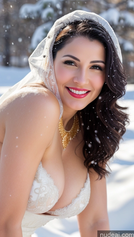 ai nude image of arafed woman in a white wedding dress posing for a picture pics of Woman Huge Boobs Beautiful Lipstick Big Ass Fairer Skin 50s Happy Sexy Face Black Hair Indian Wedding Gold Jewelry Jewelry Bright Lighting Skin Detail (beta) Snow