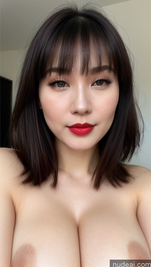 ai nude image of a close up of a woman with a big breast posing for a picture pics of Woman One Lipstick Black Hair Close-up View Beautiful Vietnamese Huge Boobs Fairer Skin Simple Detailed 20s Bangs