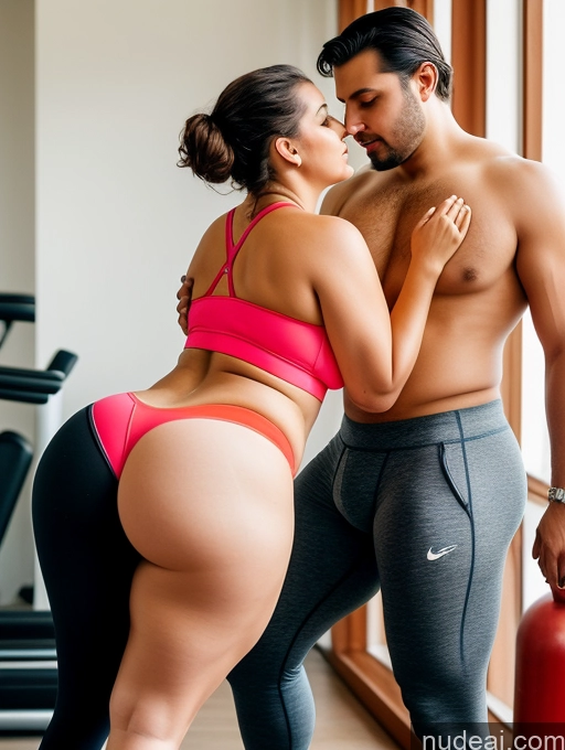 ai nude image of there is a man and a woman in a gym room pics of One Perfect Boobs Beautiful Big Ass Big Hips 30s Seductive Brunette Ponytail Indian Surrealist Front View Cleavage Yoga Tank Top Yoga Pants Woman + Man Chubby Traditional Thong Teacher Gym