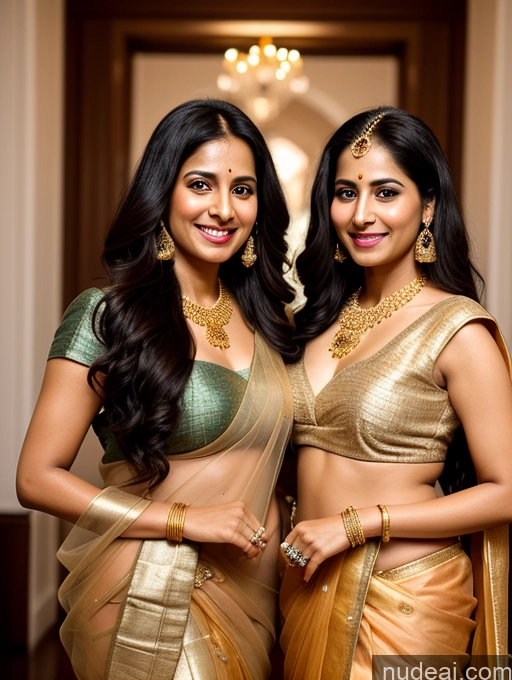 ai nude image of two women in saris posing for a picture in a hallway pics of Two Beautiful 30s Happy Black Hair Long Hair Indian Sari Gold Jewelry Detailed Model Transparent