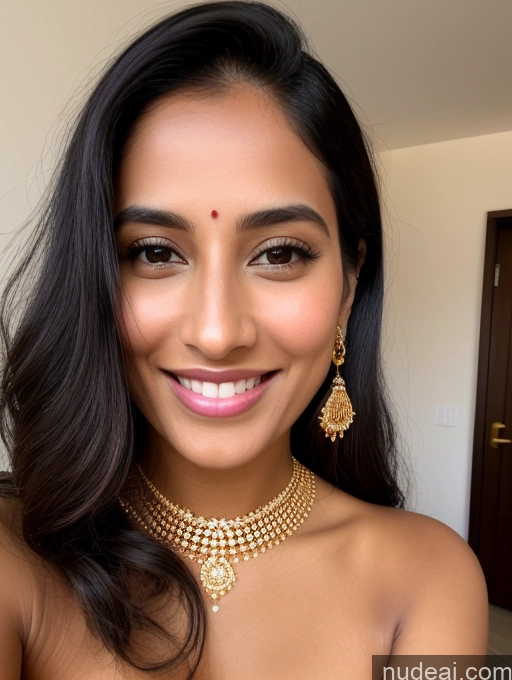 ai nude image of a close up of a woman wearing a necklace and earrings pics of Two Beautiful 30s Happy Black Hair Long Hair Indian Gold Jewelry Detailed Model Nude